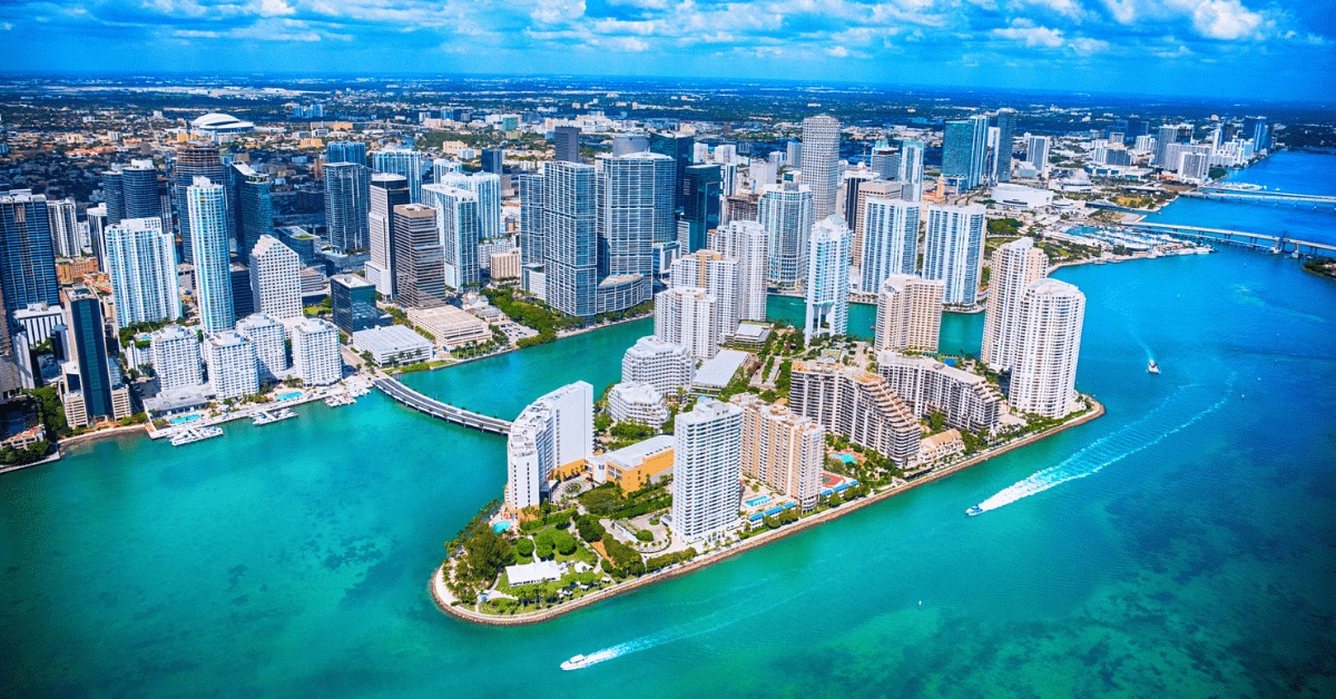 Aerial view of Downtown Miami surrounded by turquoise water