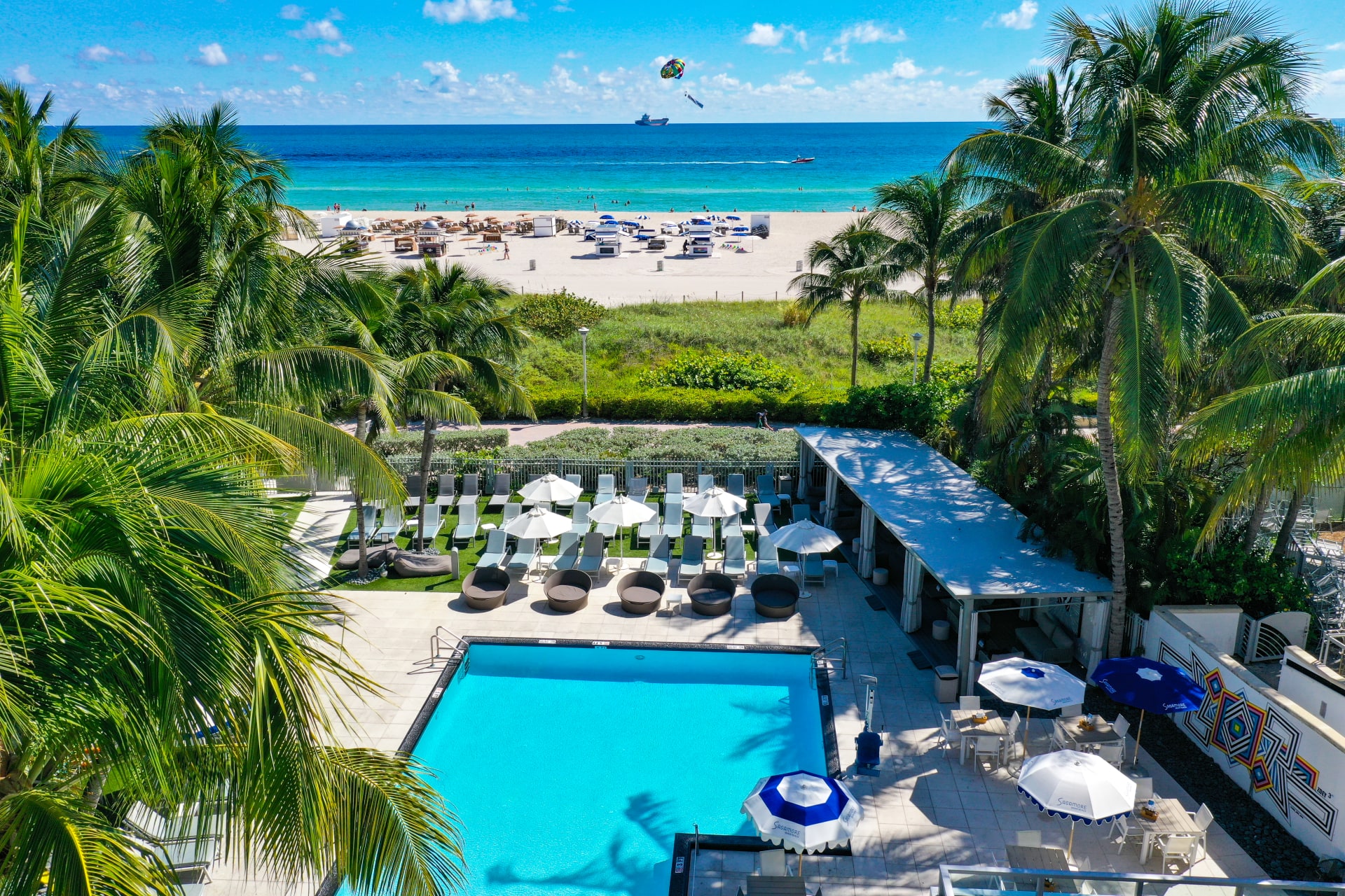 Ocean, palms, pool, and beach at The Sagamore Hotel South Beach